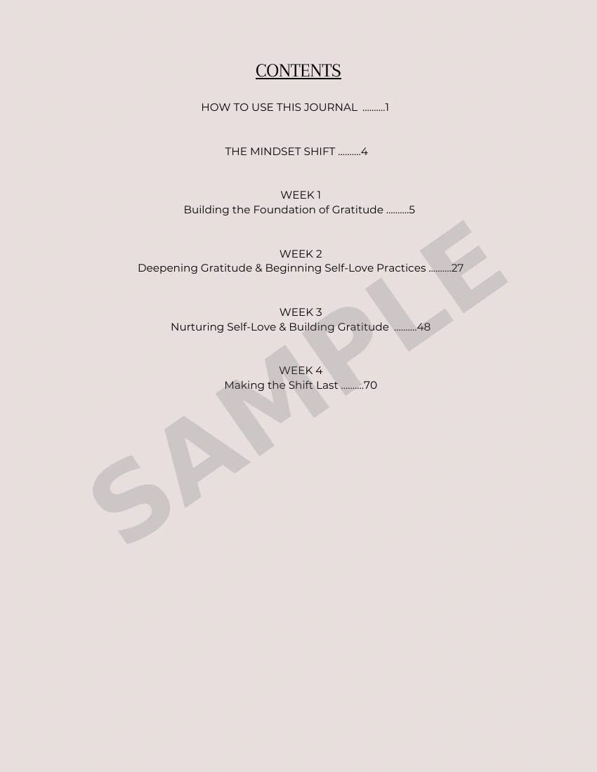 Mindset Shift Journal contents page