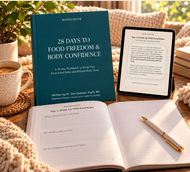 28 Days To Food Freedom & Body Confidence workbook by Dr. Dre Szebeni, PsyD, RD